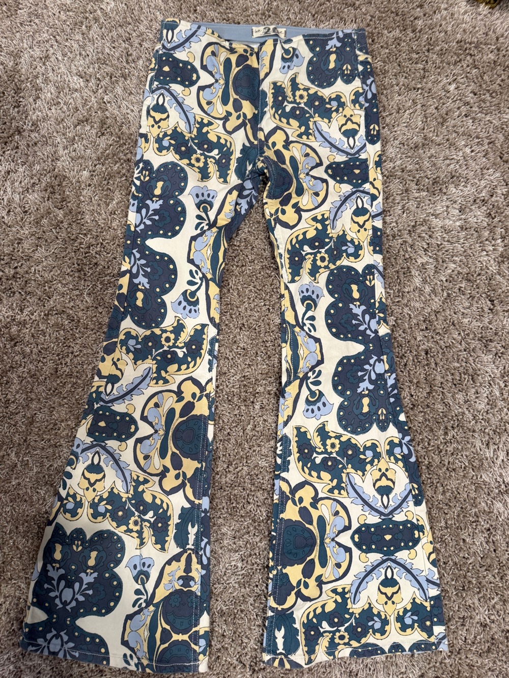Women's Patterned Flare Jeans in Yellow and Blue floral
